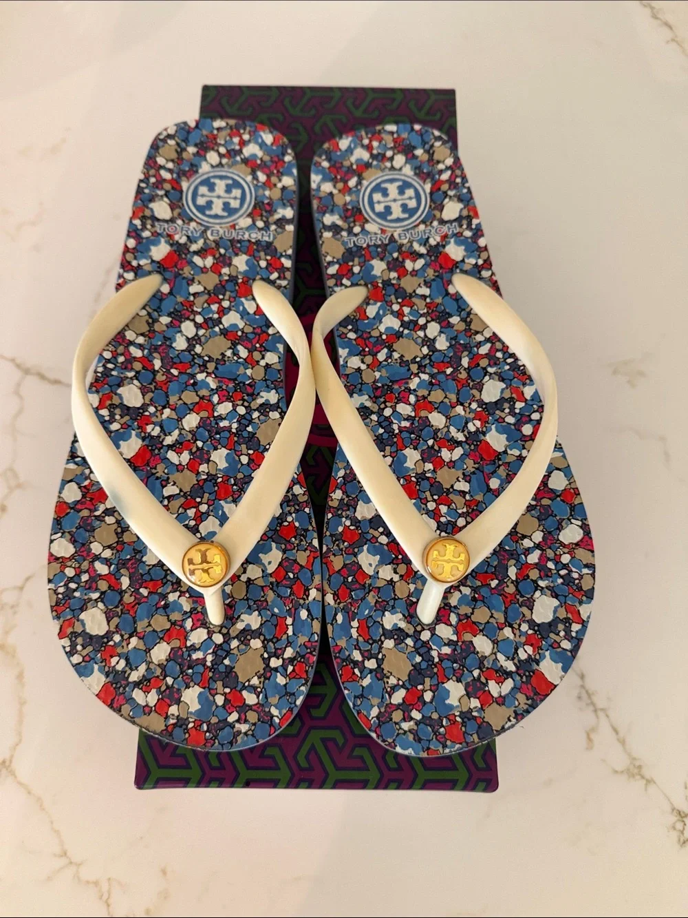 Tory Burch Multicolor Confetti Logo Flip Flops with Cream Straps Size 7